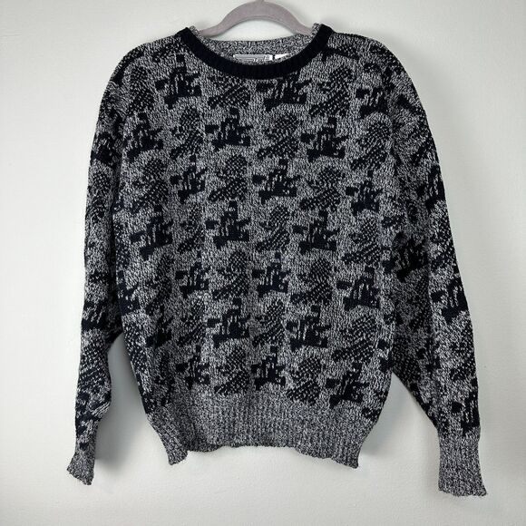 Vtg Crewneck Sweater Mens Large Grey Black Wool Blend Grandpa Biggie Cosby 90s - Picture 1 of 8